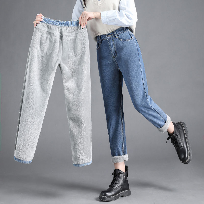 2022Winter Warm Added Velvet Jeans Women Casual Korean High Waist Slim Stretch Denim Pencil Pants Thick Straight Tro